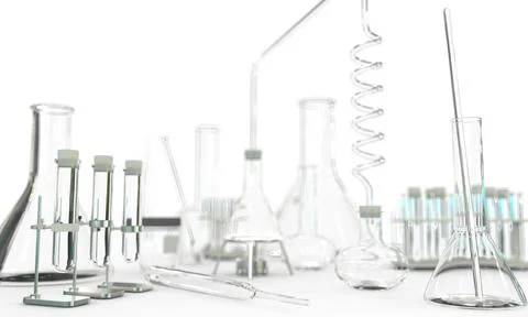 Lab test-tubes and other science glassware empty on white Stock Illustration