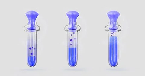 Lab test tubes with blue magic elixir 3d render icon set. Cartoon glass beakers Illustrazione stock