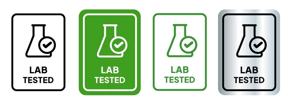 Lab tested check mark flask laboratory square rounded emblem symbol stamp Stock Illustration