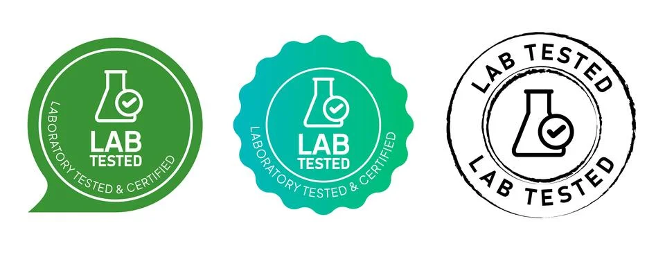 Lab tested laboratory testing glassware symbol sticker label circle stamp Stock Illustration