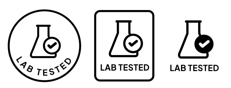 Lab tested laboratory testing glassware symbol sticker label circle stamp Stock Illustration