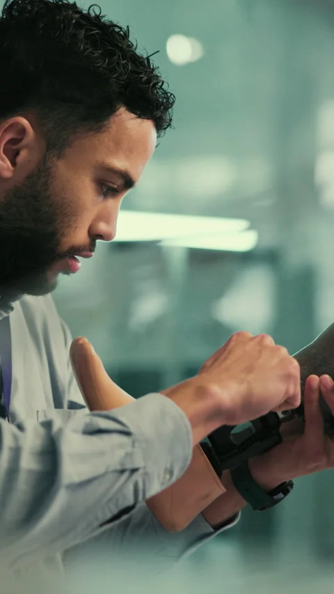 Lab, tools and man with artificial limb for research, innovation and design for Stock Footage 332917403