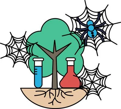 Lab tools sit beside a tree, rooted in soil Illustrazione stock