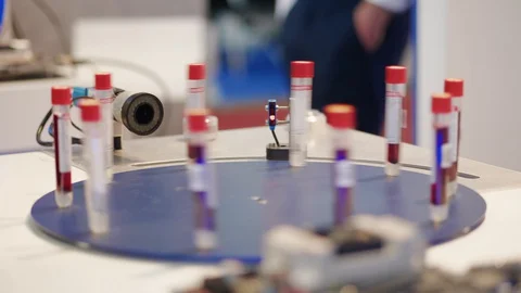 Lab tubes in automatic test set with laser scanner near man Video stock 127997213