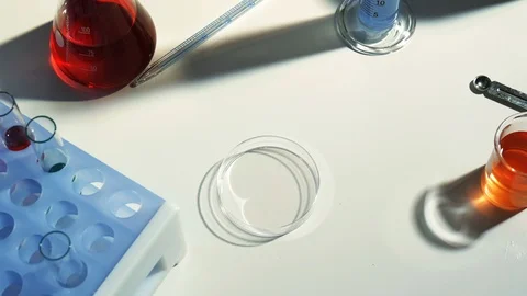 Lab worker adds a few drops of a red chemical from a pipette to a petri dish Stock Footage 88380080