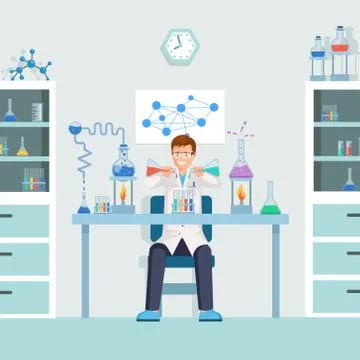 Lab worker doing test vector illustration. Male chemist, researcher mixing Stock Illustration