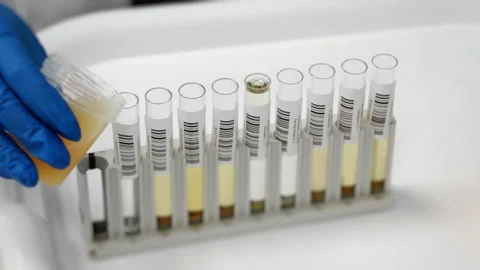 Lab worker pouring urine samples into barcode test tubes in laboratory. Видео 321576076