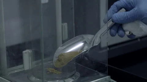 Lab worker putting some kind of powder to gravimeter with measuring spoon Stock Footage 141800326