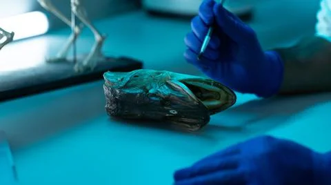Lab Worker Working in a Modern Laboratory Examining a Fish Skull Stock Photos