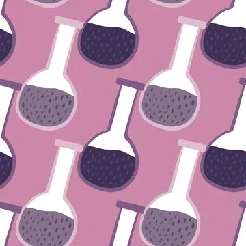 Labaratory seamless doodle pattern with purple tones flask. Science cartoon b Stockillustratie