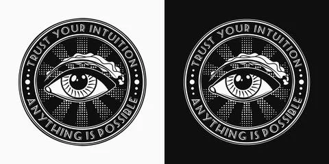 Label with all seeing eye, text, text Stock Illustration