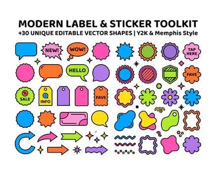 Label and sticker toolkit with badges, ribbons and Memphis elements Stock Illustration