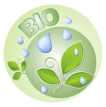 Label for bioproduct with leafs and drops Stock Illustration