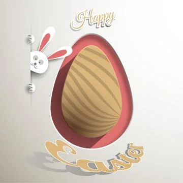 Label of brown Easter egg with a peeping bunny, shadow, line pattern and te.. Stock Illustration