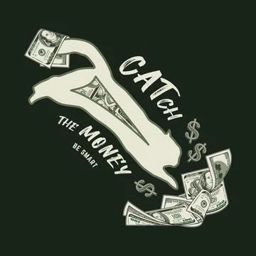 Label with cat jumping into heap of dollar bills Stock Illustration