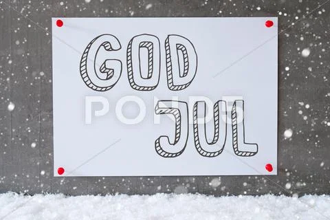 Label On Cement Wall, Snowflakes, God Jul Means Merry Christmas Stock Photos