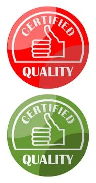 Label certified quality with thumb in two color variants Stock Illustration