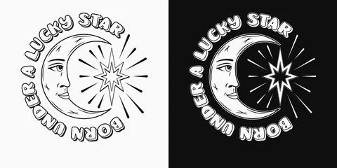 Label with crescent moon with face, star, text Stock Illustration