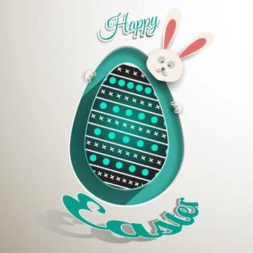 Label of dark turquoise Easter egg with rabbit, shadow, pattern and text on.. Stock Illustration
