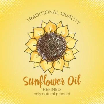 Label design template for refined sunflower oil. Vector sketch illustration w Stock Illustration