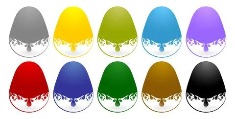 Label drops egg models with ten variation color isolated white backgrounds Stock Illustration