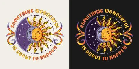 Label with eclipse with sun, crescent moon, text Ilustração Stock