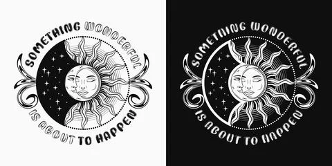 Label with eclipse with sun, crescent moon, text Ilustração Stock
