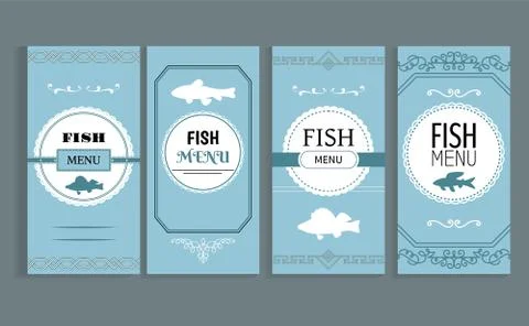 Label with fish shape and the word Fish menu written inside white circle vector Illustrazione stock