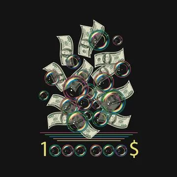 Label with flying dollar bills, soap bubbles. Stock Illustration