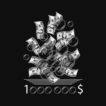 Label with flying dollar bills, soap bubbles. Stock Illustration