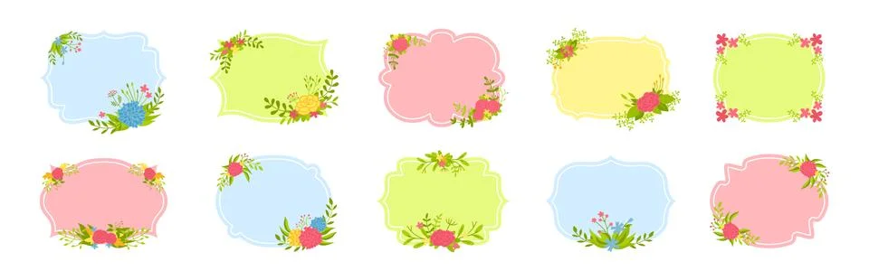 Label frames set decorated flat floral composition Stock Illustration