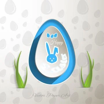 Label of gray Easter egg with shadow rabbit silhouette, text with stitching o Stock Illustration