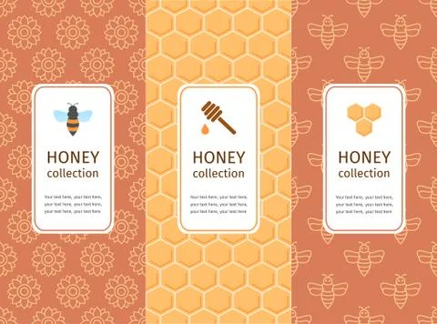 Label for honey. Vector packaging template with seamless patterns. Stock Illustration