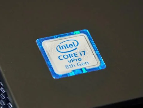 Label of Intel mobile CPU central processor unit i7 8th generation. Stock Photos