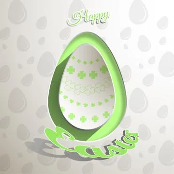 Label of light gray Easter egg with shadow, green floral pattern and text o.. Stock Illustration