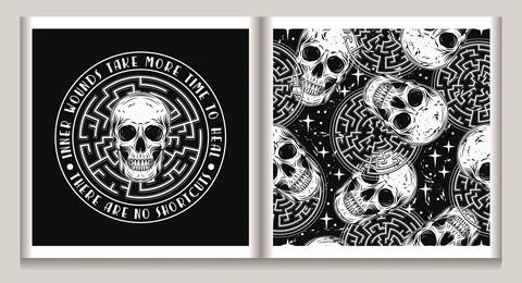 Label, pattern with human skull, labyrinth, text Stock Illustration