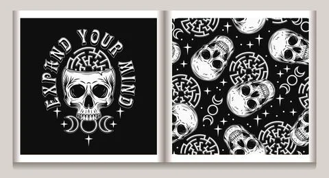 Label, pattern with human skull, labyrinth Illustrazione stock