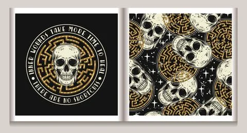 Label, pattern with human skull, labyrinth, text Stock Illustration
