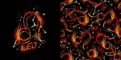 Label, pattern with icon of zodiac sign Leo Stock Illustration
