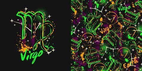 Label, pattern with icon of zodiac sign Virgo Stock Illustration