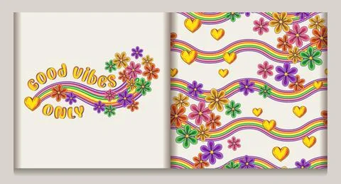 Label, pattern with rainbow wave, chamomiles Stock Illustration