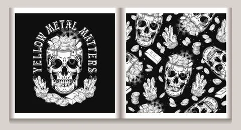 Label, pattern with skull, coins, gold ingots Illustrazione stock