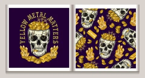 Label, pattern with skull, gold coins, ingots Stock Illustration