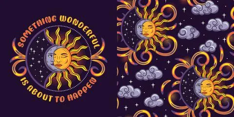 Label, pattern with sun eclipse, crescent, text Stock Illustration