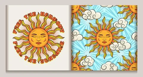 Label, pattern with sun with face, clouds, text Stock Illustration