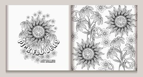 Label, pattern with sun, peace sign, chamomile Stock Illustration