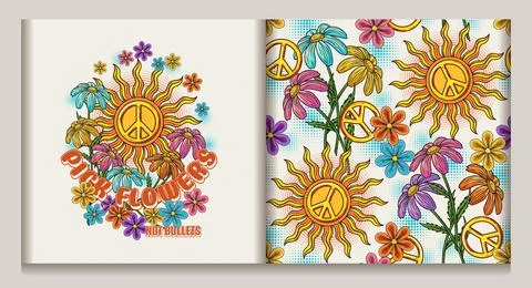 Label, pattern with sun, peace sign, chamomiles Stock Illustration