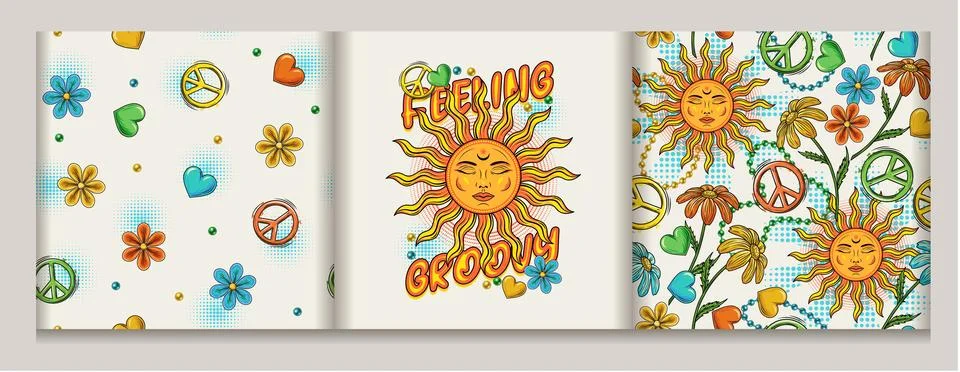 Label, patterns with sun, beads, heart, chamomile Stock Illustration