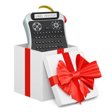 Label printer inside gift box, present concept. 3D rendering Stock Illustration