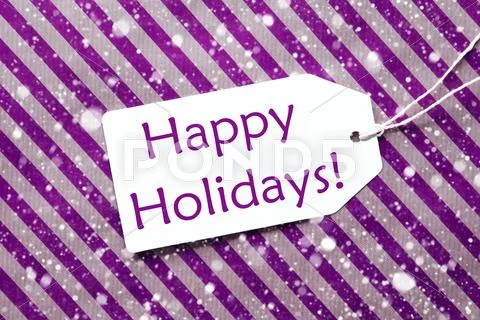 Label On Purple Wrapping Paper, Snowflakes, Text Happy Holidays Stock Photos